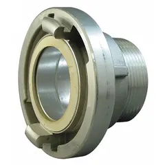 This aluminum rigid adapter connects NH-threaded fire hydrants or standpipes to Storz couplings. It is a straight adapter with a 2-1/2 in NH thread and 5 in Storz connection, used in fire-protection systems for rapid hose connections.