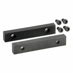 Steel screw-in vise jaw caps designed for a 4-inch vise jaw width. Includes 4 screws for installation. Compatible with models 10D687 and CT-202-4. Used to replace or protect the gripping surface of a vise in metalworking, fabrication, and maintenance tasks.