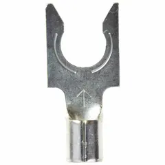 Non-insulated locking fork terminal for 12 AWG to 10 AWG wire, with a 1/4 in stud size and 600 V rating. Bare metal construction for reliable electrical connections in control panels, power distribution, and equipment wiring where vibration resistance is needed.