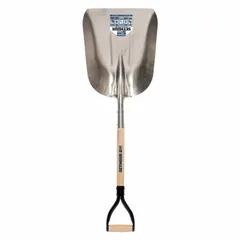 Standard scoop shovel with a 20-inch blade length and 15 1/2-inch blade width. Blade is 0.8-inch gauge aluminum with a natural finish. Fitted with a wood handle. Used for moving bulk materials such as grain, sand, snow, or light debris.