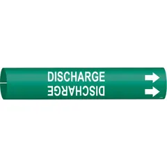 This snap-on pipe marker is designed for identifying discharge piping in industrial facilities. The green and white marker with arrows fits pipes with an outer diameter of 3/4 to 1 3/8 inches. It provides clear visual indication of pipe contents to support safety and compliance.