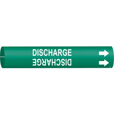 BRADY Pipe Marker: Discharge, Green, White, Fits 3/4 to 1 3/8 in Pipe O.D., 1 Pipe Markers - Discharge Snap-On Pipe Markers