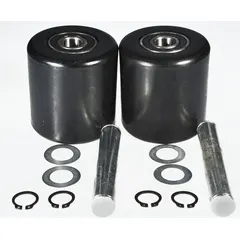 This wheel and axle kit is a replacement part for machine rollers. It restores mobility to equipment such as conveyors, material handling carts, and workstations where the original roller wheel or axle has worn out.