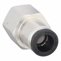 Nickel-plated brass push-to-connect fitting with silver finish, connecting 3/8 in OD tubing to a 3/8 in FNPTF threaded port. Enables tool-free installation in pneumatic and fluid systems for applications such as industrial automation and packaging