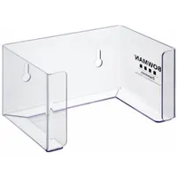 Wall-mounted dispenser made of clear PETG plastic, sized 4-1/4 in H x 8 in W x 5-1/4 in D. Holds one box of earloop face masks. Suitable for providing organized mask access in facilities, workshops, or common areas