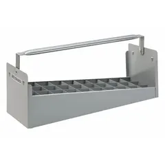 Steel caddy with 30 compartments designed to organize and store 1 1/2 in pipe nipples. Measures 6 1/2 in high by 19 5/8 in wide. Suitable for use in workshops and job sites to keep nipples sorted and accessible.