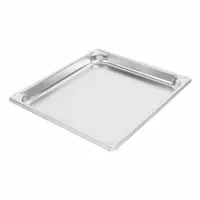 Rectangular two-thirds size steam table pan with 3 qt capacity, constructed from 22 ga material. NSF Certified. Suitable for holding and serving hot food in commercial kitchen steam table wells. Not dishwasher safe