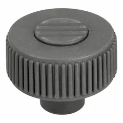 Knurled knob with threaded hole, made of gray plastic with a steel threaded insert. Features M8 thread, 14 mm thread length, and 40 mm diameter. Designed for manual adjustment and clamping on machinery, jigs, and fixtures.
