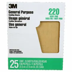 This 9 in x 11 in sandpaper sheet features 220 grit aluminum oxide abrasive on C weight paper, offering water resistance for wet or dry sanding. Suitable for use on wood, metal, and painted surfaces, it provides consistent cutting action for smoothing and finishing tasks.