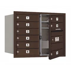 Horizontal multi-unit mailbox with 9 lockable front-access doors. Measures 23 7/8 in H x 31 1/8 in W x 16 1/2 in D. Designed for recessed mounting in walls. Suitable for centralized mail distribution in multi-tenant residential or commercial settings.