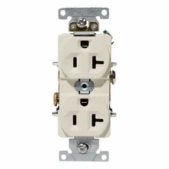 General purpose duplex receptacle rated 125V AC and 20A with NEMA 5-20 configuration (2-pole, 3-wire grounding). Light almond finish. Suitable for use in residential, commercial, and light industrial settings where standard 125V AC, 20A equipment is powered.