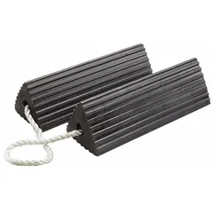 Set of two rubber wheel chocks for securing aircraft and heavy vehicles during parking, maintenance, or loading. Each chock measures 20 1/2 in length, 11 in width, and 5 1/4 in height. The rubber construction provides high friction to prevent rolling.