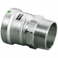 Stainless steel press fitting for potable water systems. Connects 2 1/2 in pipe with Press-fit x male NPT transition. EPDM seal for leak-free joints in commercial and industrial plumbing