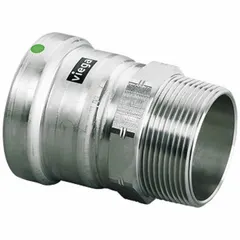 Stainless steel press fitting for potable water systems. Connects 2 1/2 in pipe with Press-fit x male NPT transition. EPDM seal for leak-free joints in commercial and industrial plumbing.