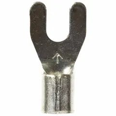 Non-insulated fork terminal for #6 stud size, accepting 12 AWG to 10 AWG wire. Standard fork configuration rated for 600 V. Suitable for terminating wires in control panels, electrical distribution, and maintenance applications requiring a removable connection.