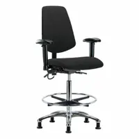 ESD-safe fabric task chair with aluminum base and foot support. Seat width 18 1/2 in, depth 17 in, adjustable height from 26 1/4 to 36 in. Back tilts 10.5° forward and 13.5° backward. Suitable for environments requiring electrostatic discharge control
