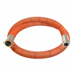 PVC water suction and discharge hose assembly with synthetic braid and PVC helix reinforcement. 4-inch inside diameter, 75 psi rating, temperature range -13° to 140°F. Orange hose with 4-inch x 4-inch fitting sizes. Suitable for water transfer in industrial, agricultural, and construction applications.