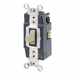 This toggle wall switch is a double-pole/double-throw maintained type, rated for 30 A at 120/277V AC. The ivory finish suits standard wall plate installations. It is used to control two separate circuits simultaneously in applications such as lighting or motor loads where a maintained contact is required.