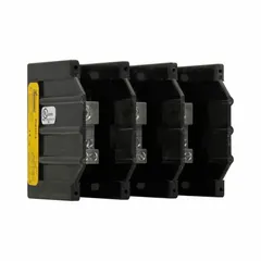 Open power distribution block with copper lugs for surface mounting. Accepts line side wire sizes from 14 AWG to 2/0 AWG. Used to distribute power from a single input to multiple outputs in industrial control panels and switchgear.