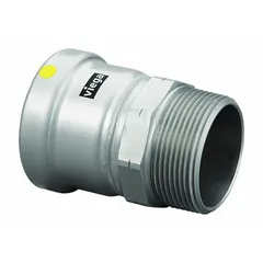 This carbon steel press-fit adapter fitting connects 4 in pipe to a male NPT threaded end. It is used in gas piping systems to transition from a press-fit joint to a threaded connection. The fitting is part of the VIEGA MEGAPRESS system for gas applications.