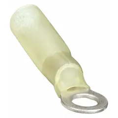Yellow heat-shrink-insulated ring terminal for #10 stud size, accommodating 12 AWG to 10 AWG wire. The heat shrink insulation provides a secure, moisture-resistant connection suitable for industrial wiring applications such as control panels, machinery, and outdoor equipment.