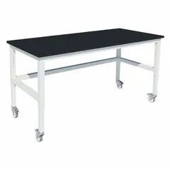 This adjustable-height epoxy surfaced lab table has a 6 ft overall length, 30 in overall width, and 36 in overall height. It features a 960 lb load capacity and locking swivel casters for repositioning. The epoxy work surface provides chemical resistance, making it suitable for laboratory and testing environments.
