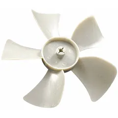 This plastic fan blade has an 8-inch diameter, a 1/4-inch bore, and five blades with clockwise facing discharge. It is used in general ventilation and air-moving applications such as exhaust fans, evaporative coolers, and air circulators.