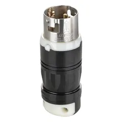 This LEVITON locking plug is a non-NEMA, 2-pole, 3-blade device rated 250V AC and 50A. The black/white housing incorporates a locking mechanism to prevent accidental disconnection. Suitable for power distribution, portable generators, and heavy-duty equipment requiring a secure electrical connection.
