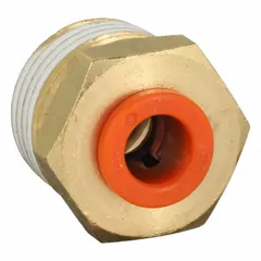 Brass push-to-connect adapter fitting with male NPT threads. Connects 1/4 in OD tubing to a 3/8 in male NPT port. Used in pneumatic systems, air lines, and fluid transfer applications.