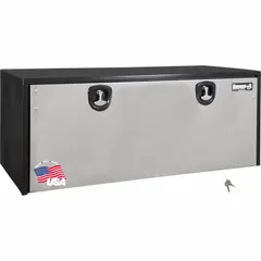 This single drop-down door box from BUYERS PRODUCTS is finished in gloss black and features a keyed lock for secure storage. Designed for underbody mounting on trucks, it provides weather-resistant storage for tools and equipment during transport.