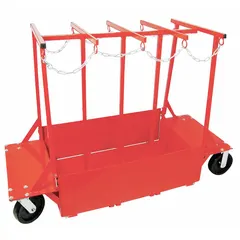 Vertical cylinder cart designed for transporting large gas cylinders and tanks. Features a flow-back design and (2) rigid casters for stable movement. Dimensions: 61 in length, 24 in width, 42 in height. Maximum tank diameter: 9 1/4 in.