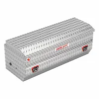 This WEATHER GUARD single-lid utility chest truck box is constructed from aluminum with a silver finish. It features a push-button latch and has an overall depth of 20 inches. Designed for secure storage of tools and equipment in service trucks, it is suitable for field service, construction, and maintenance applications