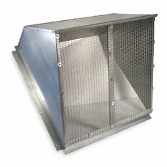 This steel weather hood is designed for wall-mount ventilation fans with an 18-inch blade diameter. It protects the fan from rain, snow, and debris while allowing airflow. Commonly used in industrial or commercial exhaust systems, it measures 20 1/2 by 20 1/2 inches with a 20-gauge thickness.