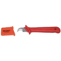 This wire-stripping knife features a fixed hooked steel blade with a 7-inch overall length and a plastic handle. Designed for cutting and stripping insulation from electrical cables, it is suitable for electricians and maintenance technicians in industrial wiring applications.