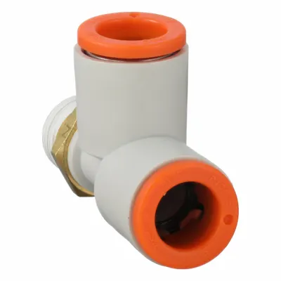 SMC Push-Fit Tee Fitting: 1/8 in Pipe x 5/16 in OD x 5/16 in OD Size, 36 29/32 mm Overall Lg - Polybutylene & Brass Tube Fittings