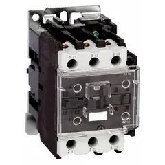 This non-reversing IEC contactor features 3 poles and 3 normally open contacts, rated for 95 A with a 120V AC coil. It is used for switching motors, lighting, and heating loads in industrial control panels. No integrated surge suppression.