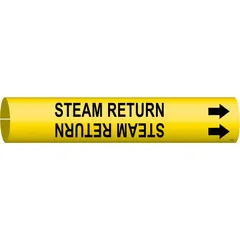 Yellow snap-on pipe marker with black 'Steam Return' legend and directional arrows. Fits pipe outer diameters from 2-1/2 to 3-7/8 inches. Used to identify steam return lines in industrial piping systems.