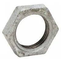 This locknut is a medium-pressure threaded pipe fitting with a 1-inch NPT thread, made from malleable iron. It is used to secure threaded connections in piping systems, commonly applied in plumbing, HVAC, and industrial piping to lock fittings in place