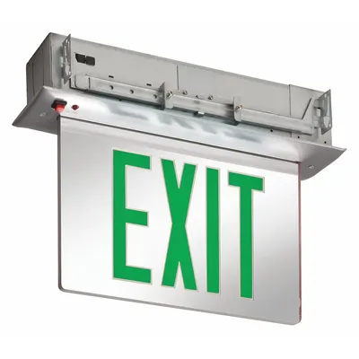 LITHONIA LIGHTING Exit Sign: 2 Faces, Green, Aluminum, Universal Field Selectable Chevrons - Recess-Mount Edge-Lit Exit Signs
