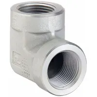 Steel pipe elbow with 1-inch female NPT threaded connections on both ends. Rated for maximum operating pressure of 1,800 psi. Used to change flow direction in high-pressure piping systems
