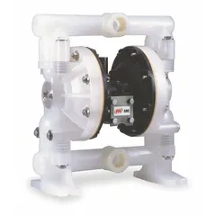 ARO air-operated double diaphragm pump with polypropylene housing. 1-inch NPT connections, 47 gpm flow rate, 275 ft maximum head. PP seat and PTFE check valve materials. Suitable for transferring corrosive or abrasive fluids in chemical processing, water treatment, and industrial applications.