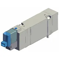 Single solenoid, five-way/two-position directional control valve with 5 ports and 24V DC operation. Female connections. Plug-in, remote pilot, non-locking design. Used to switch airflow in pneumatic systems for actuating cylinders or other actuators in automated machinery