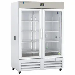 This upright chromatography refrigerator provides a 49 cu ft storage capacity with a temperature range of 1°C to 10°C, suitable for preserving temperature-sensitive biological samples, reagents, and chromatography media. It features a right-opening swing glass door, a white exterior, and a temperature alarm for content protection. The unit uses R-290 refrigerant.