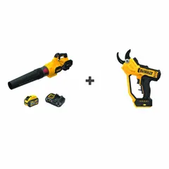 This 20V MAX* outdoor equipment combination kit includes a blower and a pruner. The blower delivers a maximum air speed of 125 mph. The kit is powered by a 9.0 Ah battery, suitable for yard maintenance tasks such as clearing leaves and trimming branches.