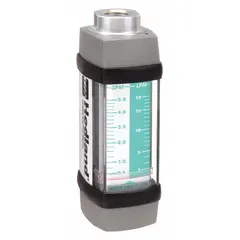 This HEDLAND inline flowmeter is a variable area meter with a scale display for measuring flow of water-based fluids. It features +/-2% accuracy, Viton O-rings and seals, and universal mounting orientation. Typical applications include flow monitoring in cooling circuits, water treatment, and process piping systems.