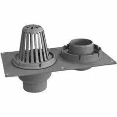 Primary roof drain with deck plate for low-slope commercial roofs. Includes two cast iron combination flashing clamps and gravel stops. Cast iron dome with No Hub connection. Overall height 11-3/4 in, width 19 in.
