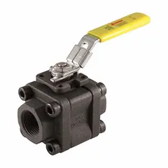 This carbon steel ball valve features a straight three-piece body with FNPT x FNPT connections and a locking lever handle. It is used for on/off flow control in industrial piping systems handling water, oil, gas, and other non-aggressive media.