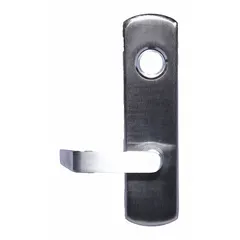 This VON DUPRIN mechanical exit device trim is a lever-style outside trim for exit push bars. It is finished in chrome (silver) and is ADA compliant. Suitable for use on commercial doors up to 48 inches wide, it provides secure egress operation in facilities such as offices, schools, and healthcare settings.