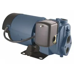 Cast-iron convertible well jet pump for shallow or deep well water systems. Single-phase motor rated at 3/4 hp, 115/230V AC, and 8 gpm. Ejector not included; convertible design allows operation with or without ejector for various well depths.