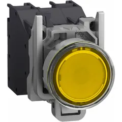 Momentary illuminated push button operator from the XB4 series with a flush metallic profile. Features one normally open contact rated 6 A at 120 V AC and 0.55 A at 125 V DC. Designed for 22 mm panel mounting in industrial control stations, machine control panels, and automation systems.